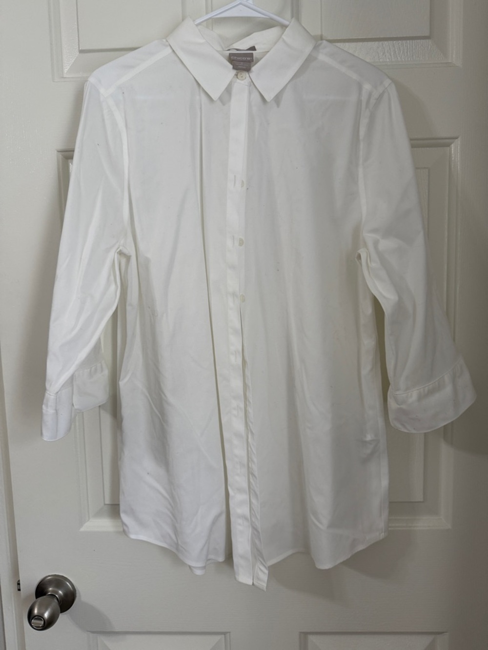 Chico's White Woven 3/4 Sleeve Button Up Collared Blouse